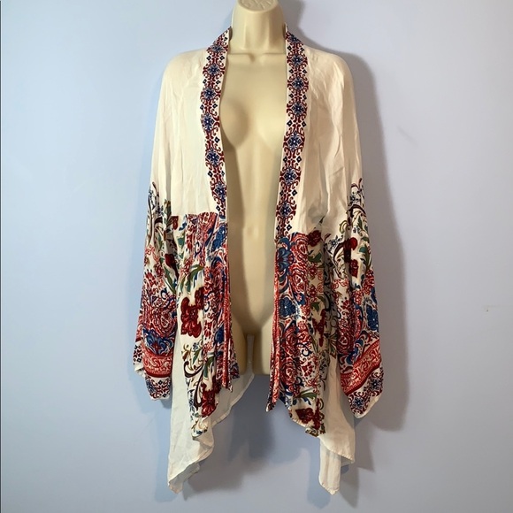 C. Established 1946 Bohemian Floral Kimono Cardigan shrug cover white red blue - Picture 1 of 6